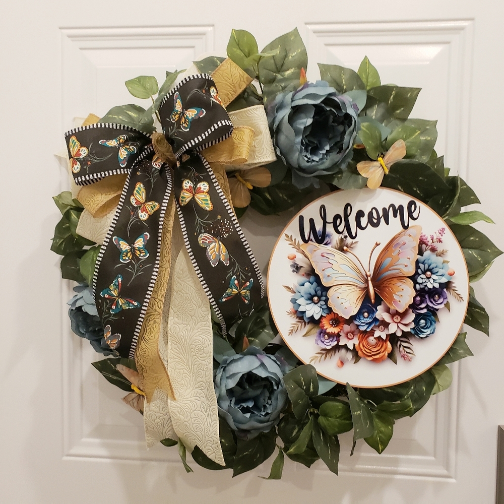 Butterflies and Peony Grapevine Wreath Smokey Blue, Cream, Black Handmade
